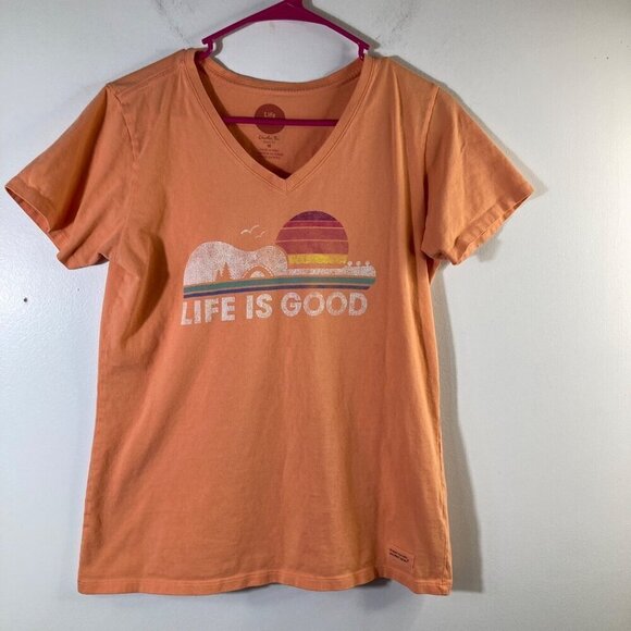 Life Is Good Tops - Womens Life is Good V Neck Crusher Tee Guitar Music Sunset Classic Fit Peach M